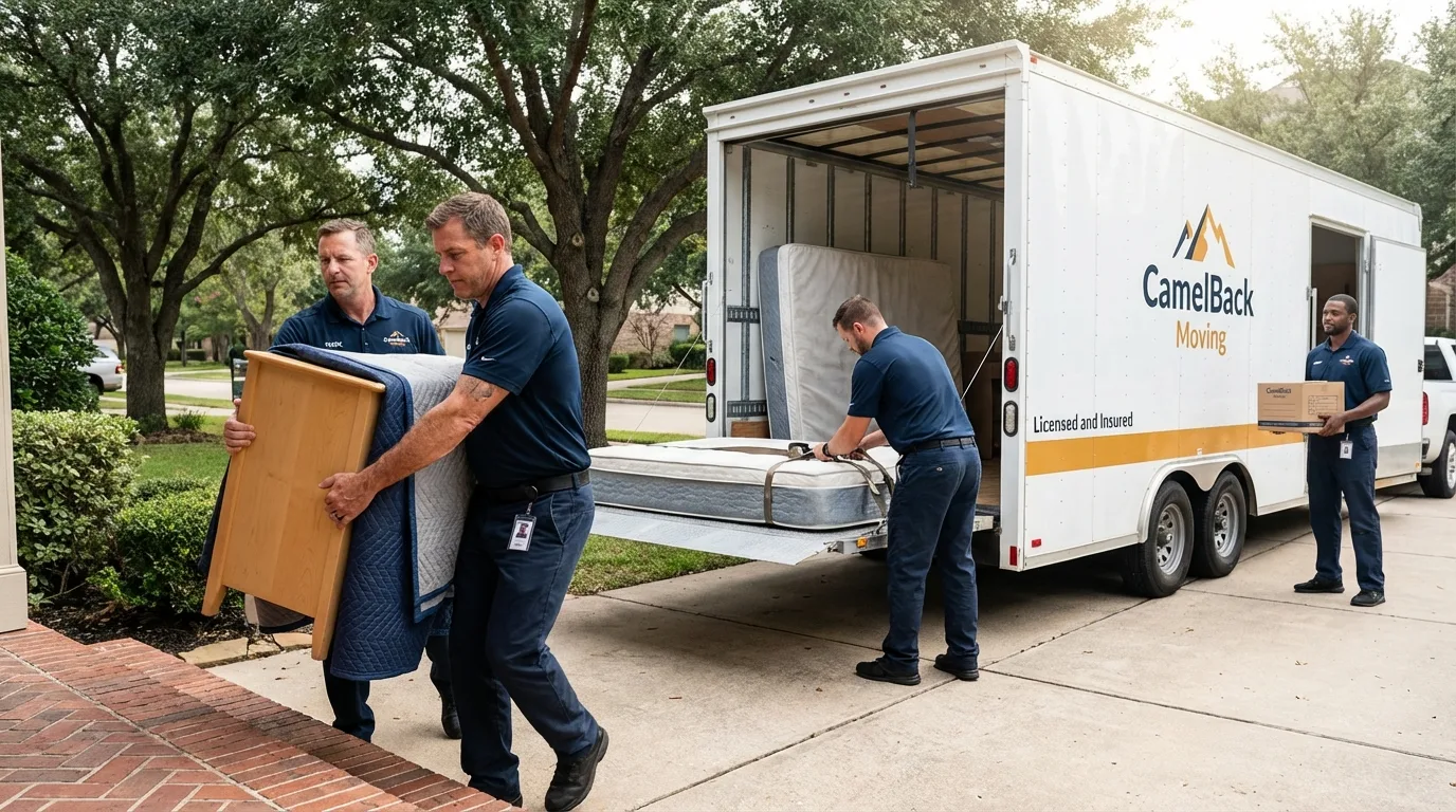 Crew loading residential truck for cross-state move from Venus, TX