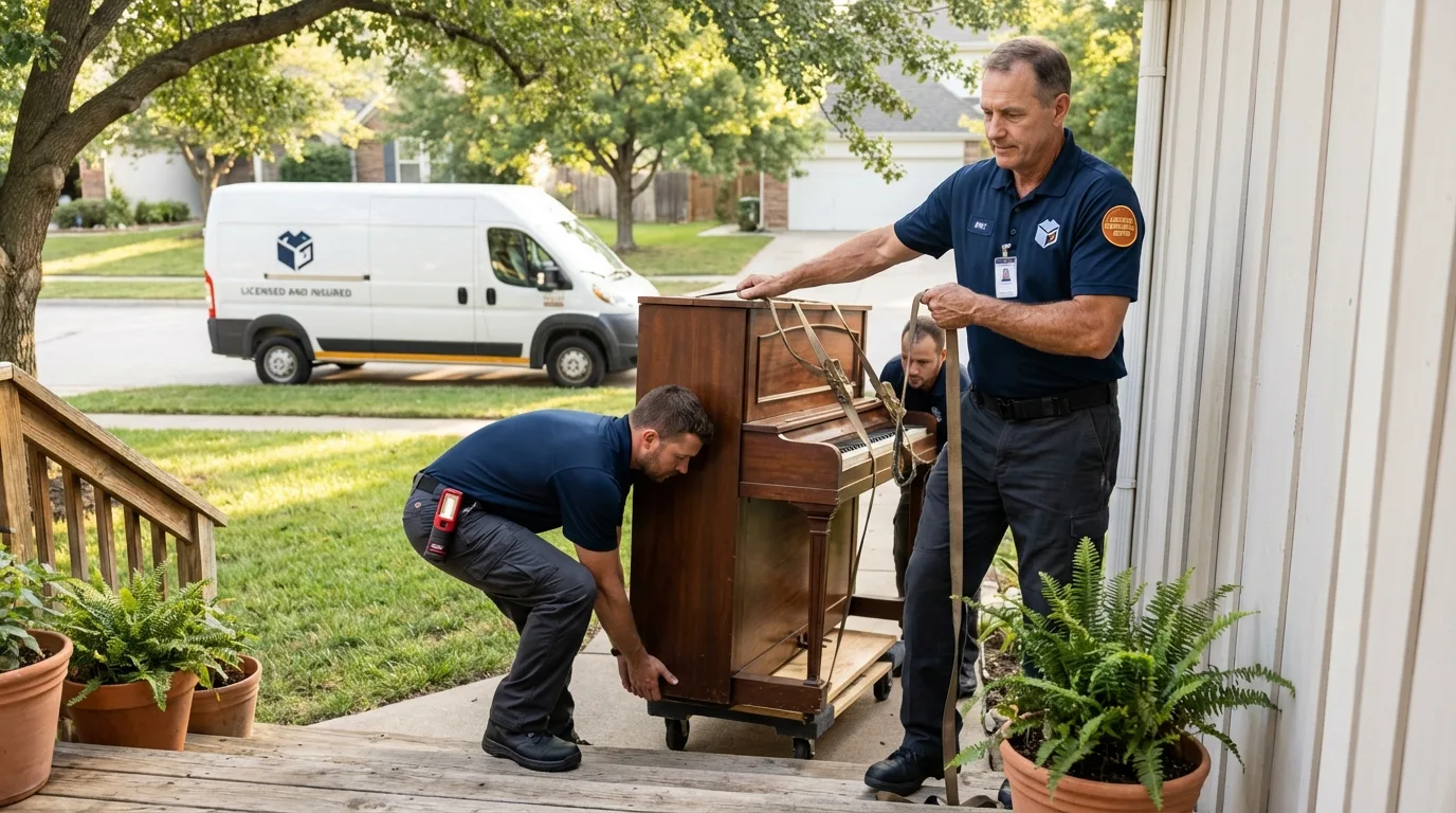 Licensed piano movers securing grand piano in Venus, TX