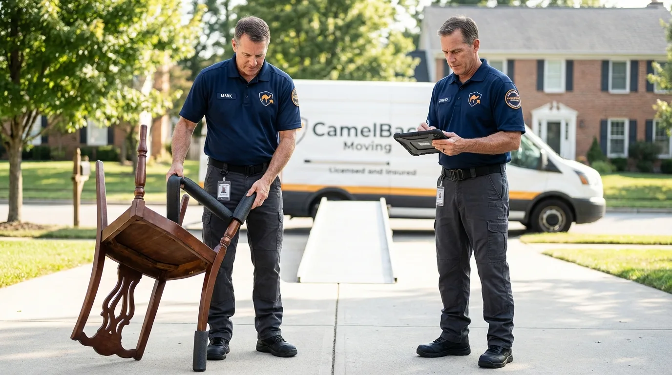 Movers inspecting furniture for damage prevention before loading in Venus, TX