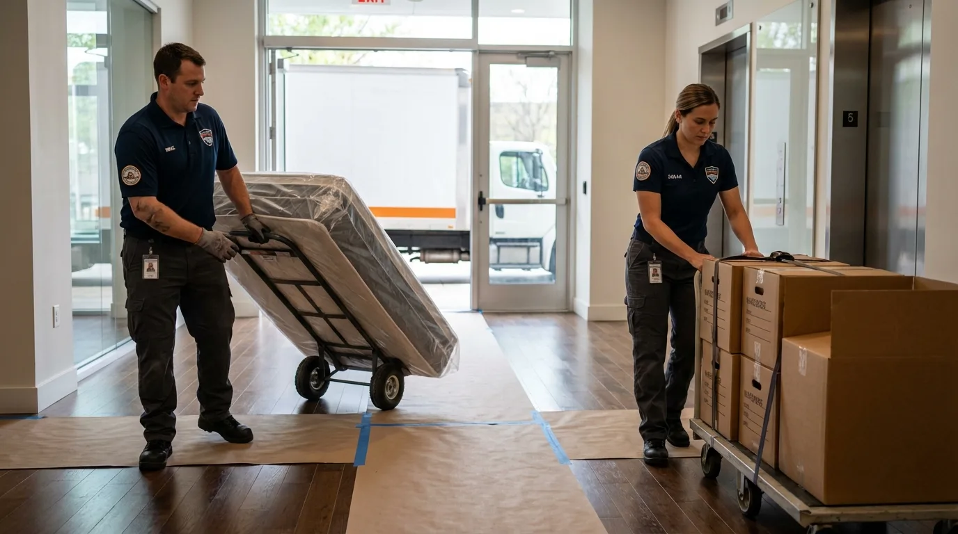 Professional apartment movers loading elevator in Venus, TX